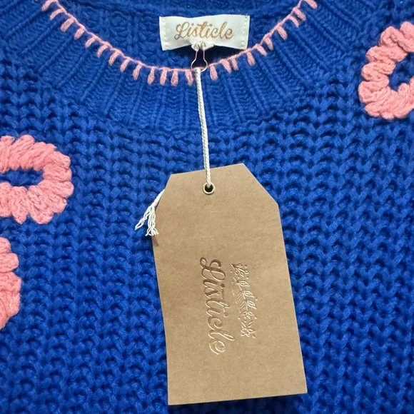 Listicle - Royal Blue Knit sweater with Coral knit Flowers - NWT - size M - Picture 7 of 10